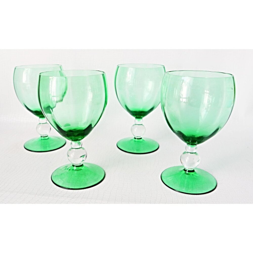 4 Green Hand Blown Wine Glasses Cocktail Clear Bubble Stem Vintage Barware